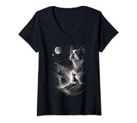 Donna Boston Terrier Howling at Moon Night Vintage 90s Boston Cane Maglietta con Collo a V