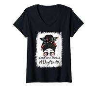 Donna Boston Terrier Kinda Busy Being A Dog Mom Messy Bun Maglietta con Collo a V