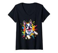Donna Boston Terrier Lovers Jumping Design Divertente Boston Terrier Maglietta con Collo a V