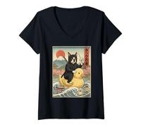 Donna Boston Terrier Ninja Giappone Vintage Giapponese Ukiyo-e Art Maglietta con Collo a V