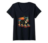 Donna Boston Terrier Pattinaggio a rotelle Retro Vintage Amante dei cani Maglietta con Collo a V