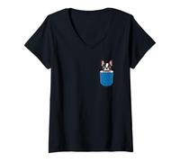 Donna Boston Terrier Peeking Pocket Maglietta con Collo a V
