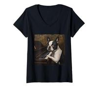 Donna Boston Terrier Piano Dog Maglietta con Collo a V