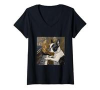 Donna Boston Terrier Piano Dog Maglietta con Collo a V