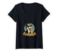 Donna Boston Terrier Summer Design Divertente Cartone Animato Vintage Maglietta con Collo a V