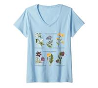 Donna Botanica Vintage - Sei Fiori Selvatici con Nomi Latini Maglietta con Collo a V