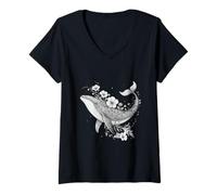 Donna Botanico Balena Illustrazione Oceano Arte Floreale Design Maglietta con Collo a V