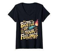 Donna Bottle Up Your Feelings Espressione delle Emozioni - Maglietta con Collo a V