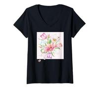 Donna BOUQUET DA GIARDINO FIORE ACQUERELLO ACQUELLO FLOREALE COCCINELLA BOHO DONNA Maglietta con Collo a V
