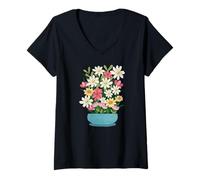 Donna Bouquet floreale in un vaso blu Maglietta con Collo a V