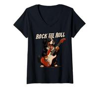 Donna Bovaro del Bernese Che Suona la Chitarra Rock And Roll Amante dei Cani Maglietta con Collo a V