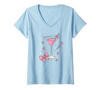 Donna Bow Drink Cuori in Rosa Morbido Colori Girly Illustrazione Maglietta con Collo a V