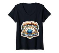 Donna Bowling It's Right Up My Alley Divertente Bowler Gioco di Parole Gioco di Parole Divertimento Maglietta con Collo a V