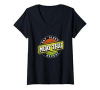 Donna Boxe thailandese retrò Eat Sleep Muay Thai con Distintivo ripetuto Maglietta con Collo a V