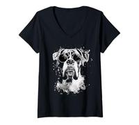 Donna Boxer con Occhiali da Sole Bianco Splash Art Dog Maglietta con Collo a V