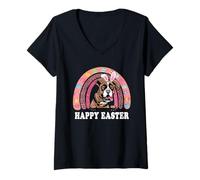 Donna Boxer Dog Easter Bunny Eggs Hunting Boho Rainbow Maglietta con Collo a V