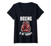 Donna Boxing is My Therapy guantoni da Boxe, Boxer, Combattimento, Sport, Combattimento Maglietta con Collo a V