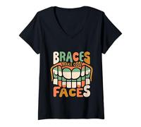 Donna Braces Make Cool Faces Orthodontic Smile Dentist |- Maglietta con Collo a V