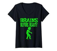 Donna Brains Before Beauty Halloween Zombie Maglietta con Collo a V