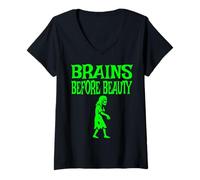 Donna Brains Before Beauty Halloween Zombie Maglietta con Collo a V