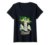Donna Brasile Cristo Redentor Statua e Bandiera Landmark Art Maglietta con Collo a V