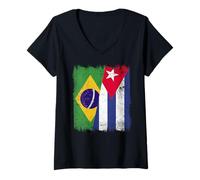 Donna Brasile Cuba Mezza Bandiera Brasiliano Cuban Heritage Maglietta con Collo a V