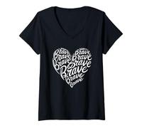 Donna Brave Cuore Tipografia Arte Coraggio Forza Resilienza Maglietta con Collo a V