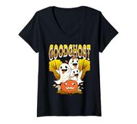 Donna Bravo Fantasma Trio Zucche Halloween Divertente Maglietta con Collo a V