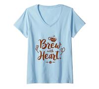 Donna Brew with Heart Coffee Lover Barista Café Caldo Accogliente Maglietta con Collo a V