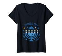 Donna Brillare su Accogliente Hanukkah Menorah Celebration Design Maglietta con Collo a V