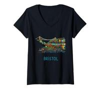 Donna Bristol England - Souvenir da Viaggio Storico della Città Maglietta con Collo a V