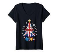 Donna British England Flag Christmas Tree Lights Xmas Cute Costume Maglietta con Collo a V