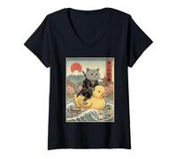 Donna British Shorthair Cat Ninja Giappone Giapponese Ukiyo-e Art Maglietta con Collo a V