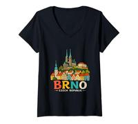 Donna Brno Disegnato a Mano Repubblica Ceca Viaggi Souvenir Landmark Gift Maglietta con Collo a V