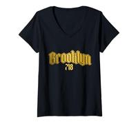 Donna Brooklyn 718 Codice Area Old School NYC New York City Vintage Maglietta con Collo a V