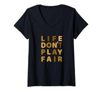 Donna Brown Life Don't Play Fair Brown Graphic Maglietta con Collo a V