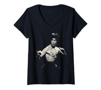 Donna Bruce Lee Black And White Action Pose Portrait Martial Arts Maglietta con Collo a V