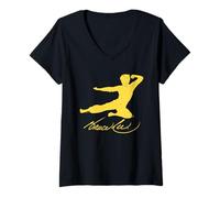 Donna Bruce Lee Jumping Kick Yellow invecchiato Maglietta con Collo a V
