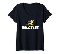 Donna Bruce Lee Testo Bianco Giallo Kung Fu Kick Maglietta con Collo a V