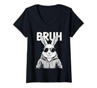 Donna Bruh Bunny Face with Sunglasses Easter Day for Boys Men Kids Maglietta con Collo a V
