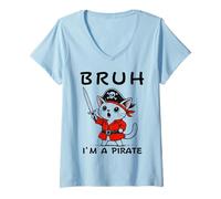 Donna Bruh I'm A Pirate Cute Cat Halloween o Festa di Compleanno per Bambini Maglietta con Collo a V