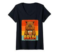 Donna Bruh Meme Divertente Capybara Boba Bubble Milk Tea Retro Tramonto Maglietta con Collo a V
