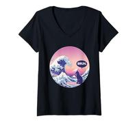 Donna Bruh The Great Wave Kanagawa - Gatto Giapponese Divertente da Surf Maglietta con Collo a V