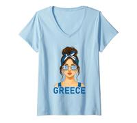 Donna Brunette Greek Girl Greece Flag Greek Girlfriend Wife Maglietta con Collo a V