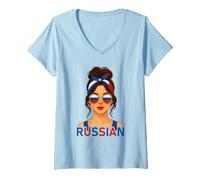 Donna Brunette Russian Girl Russia Flag Russian Girlfriend Wife Maglietta con Collo a V