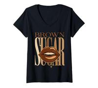 Donna Bruno Sugar Melanina Labbra Bellezza Ragazza Nera Empowerment Maglietta con Collo a V