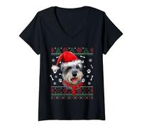 Donna Brutto maglione Natale Schnauzer Nano Santa Pigiama Ugly Maglietta con Collo a V