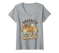 Donna Bruxelles, Belgio, Capitale, Waffle, Logo Mascotte Vintage Maglietta con Collo a V