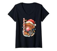 Donna Bubble Blowing Highland Cow Christmas Cute Holiday Maglietta con Collo a V