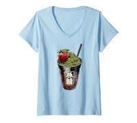 Donna Bubble Tea Matcha Latte Art Drink Giapponese Maglietta con Collo a V